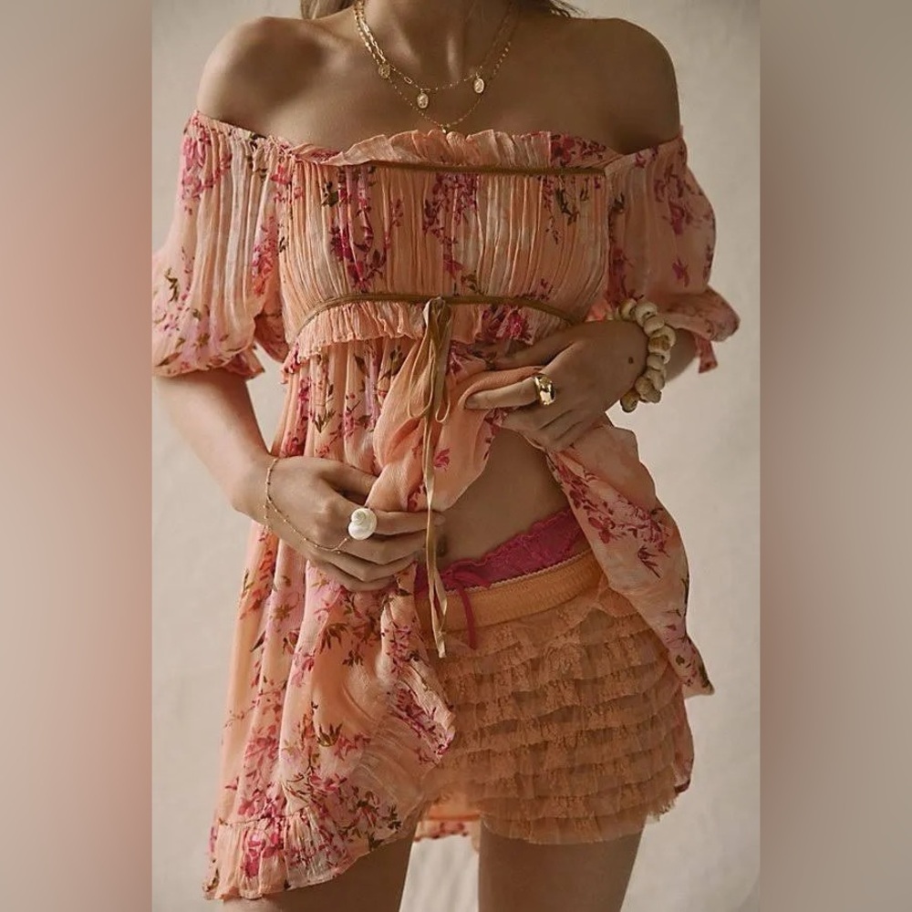 227. FREE PEOPLE Marney Mini Dress babydoll in Peach combo NWT $148 - Picture 3 of 10